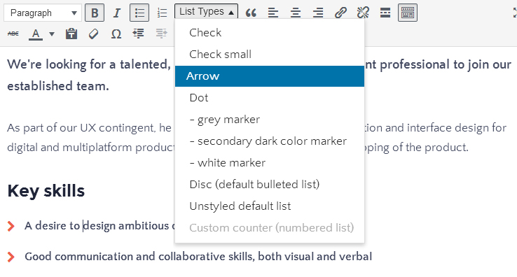 Custom styles - List Types dropdown menu
