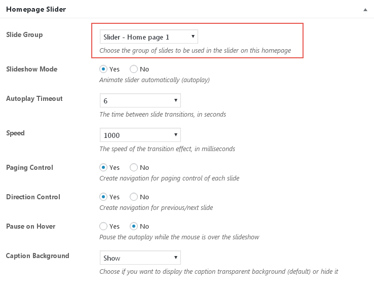 Homepage slider meta box