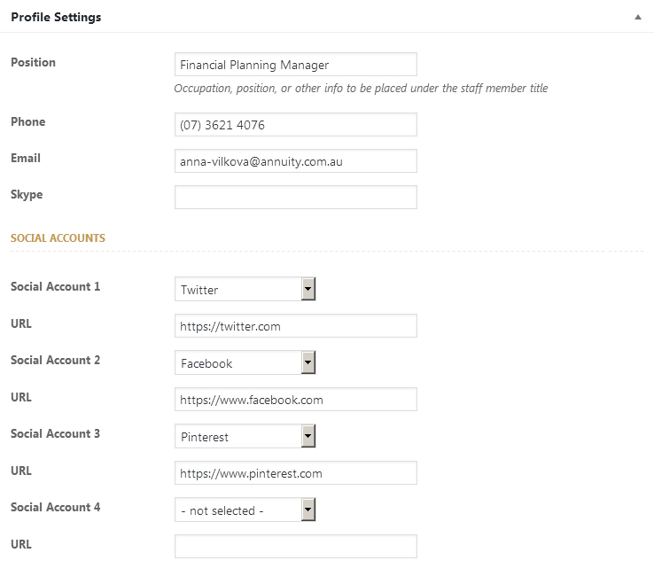 Profile settings meta box