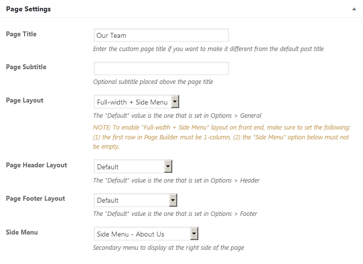 Page settings meta box