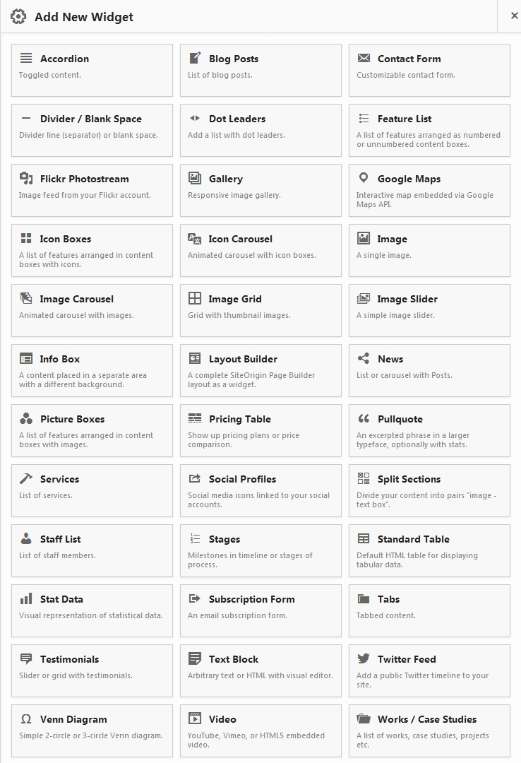 Page Builder - Add New Widget dialog
