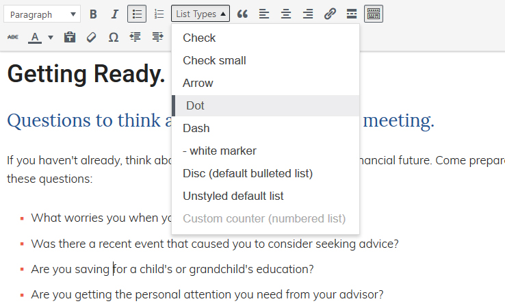 Custom styles - List Types dropdown menu