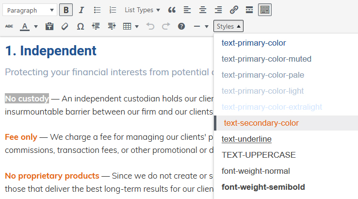 Custom styles 2 - Styles dropdown menu