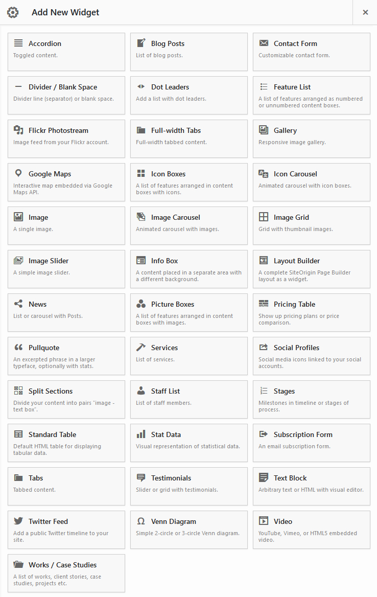 Page Builder - Add New Widget dialog