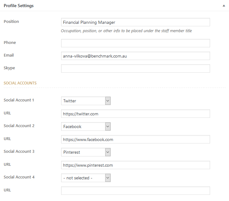 Profile settings meta box