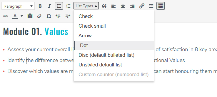 Custom styles - List Types dropdown menu