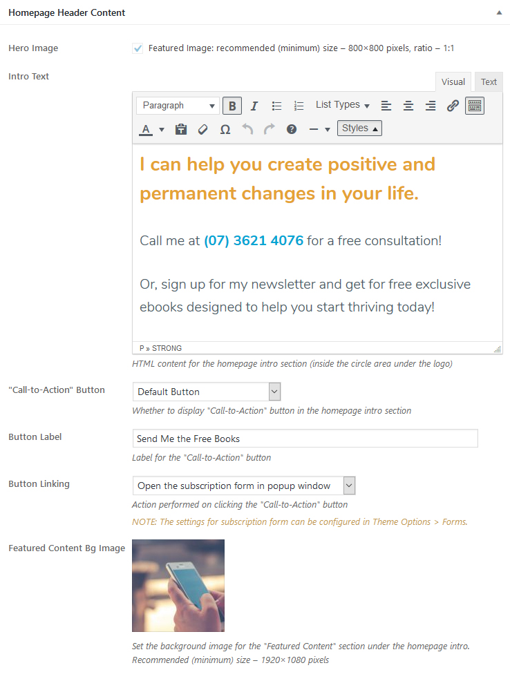 Homepage header content meta box