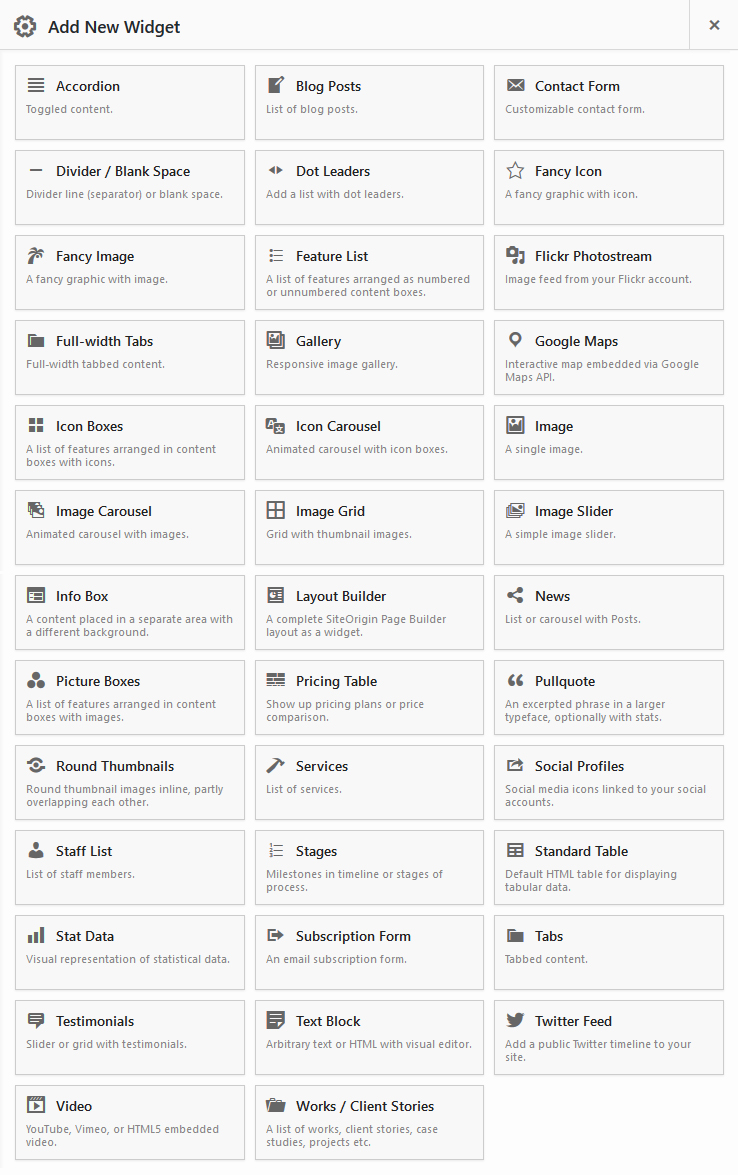 Page Builder - Add New Widget dialog