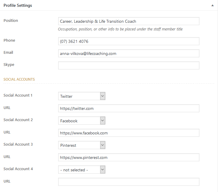 Profile settings meta box