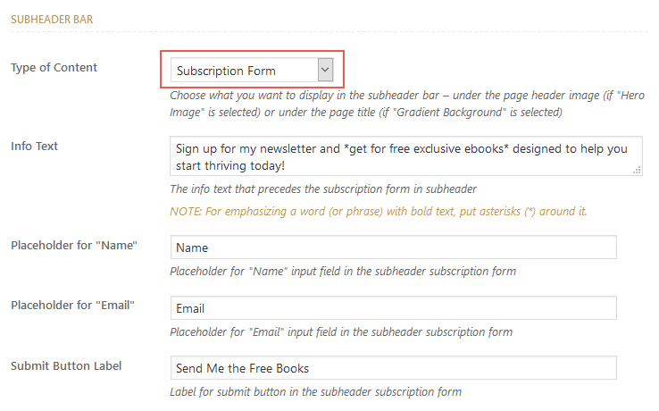 Subheader form - setup